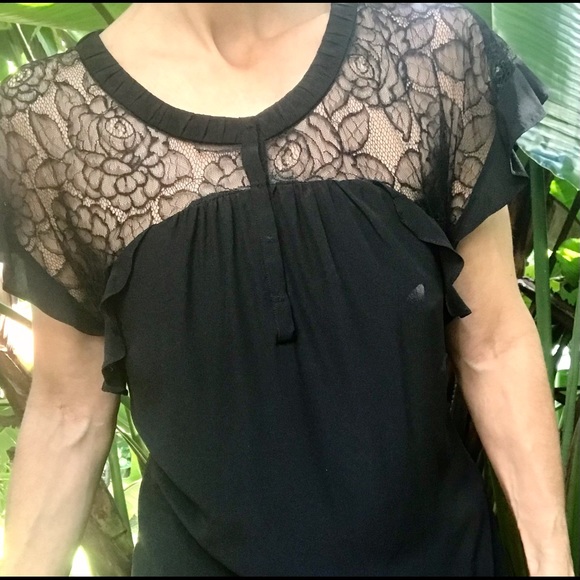 Rebecca Taylor lace black ruffle short sleeve blouse. Yellow corset tie back. SM - Picture 8 of 13